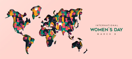 Wall Mural - International women’s day world map cutout diverse people card