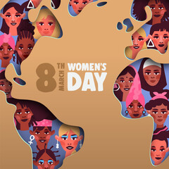 Wall Mural - International women’s day 3d papercut world map diverse culture concept card