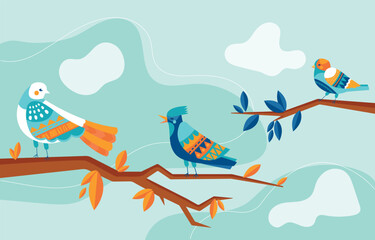 Birds on branch. Multicolored feathered and winged animals sit on trees in forest. Flora and fauna, biology and zoology, ornithology. Spring and summer time of year. Cartoon flat vector illustration