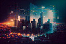 3D Rebder Double Exposure Of Graphic America Map Hologram On Los Angeles Office Buildings Background, Big Data And Digital Technology Concept
