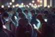 Crowd of people on the street watching like zombies on their smartphones. Ai generative