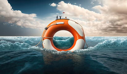 life buoy rescue ring in the middle of the ocean for rescue and help sos concepts as wide banner with copyspace area - generative AI