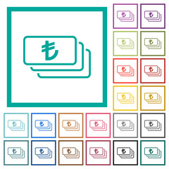 Sticker - Turkish Lira banknotes outline flat color icons with quadrant frames