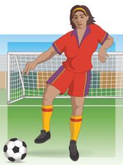 Wall Mural - para sports paralympic 7-a-side football female player with neurological handicap kicking ball including net and field in background