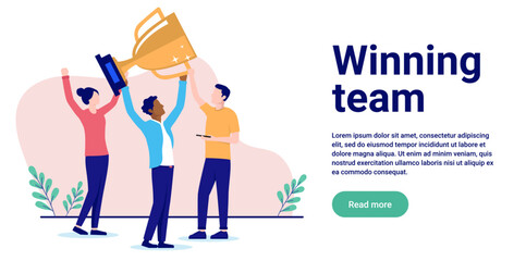 Poster - Winning team - Group of people with trophy cup celebrating and cheering after winning and success. Teamwork win concept, flat design vector illustration