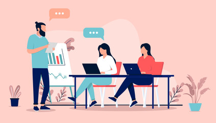 Poster - Lecture - Adult people in small classroom lecturing and having course, talking and studying. Flat design vector illustration