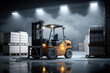 a forklift truck is parked in a warehouse with dramatic cinematic lighting. Transport Concept. Generative AI.