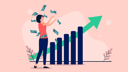 Wall Mural - Woman making money - Person standing in front of chart and rising green arrow throwing money in air. Business financial success concept. Flat design vector illustration