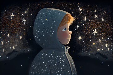 Illustration Of A Boy Looking At Night Starry Sky With Glitter Glow Galaxy Flicker Above. Idea For Prayer Of Hope. Love. Peace Theme. Generative AI