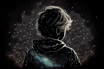 Illustration Of A Boy Looking At Night Starry Sky With Glitter Glow Galaxy Flicker Above. Idea For Prayer Of Hope. Love. Peace Theme. Generative AI