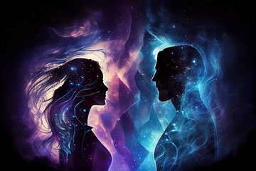 Wall Mural - man and woman silhouettes at abstract cosmic background. human souls couple in love. astral body. es