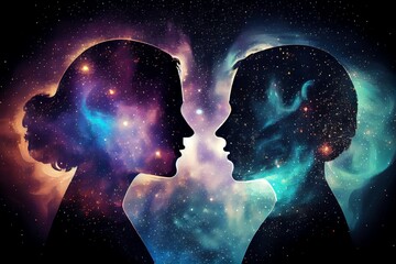 Wall Mural - man and woman silhouettes at abstract cosmic background. human souls couple in love. astral body. es