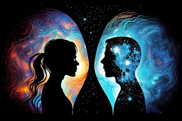 Wall Mural - man and woman silhouettes at abstract cosmic background. human souls couple in love. astral body. es