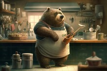 Whimsical Bear Chef Cooking up a Storm in Colorful Restaurant Kitchen: 5 Expressive, Detailed Character Designs with Stylized Anatomy & High-Quality 3D Rendering for Creative, Digital Art Tags!, g