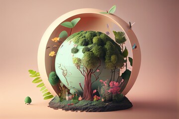 Sticker - World Environment And Mother Earth Day Concept With Globe And Eco Friendly Enviroment. Generative AI