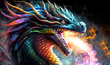 Beautiful Rainbow Colorful Dragon Blowing Hot Fire. Year Of The Dragon 2024. Fantasy Image Of A Dragon Created With Generative Ai.	