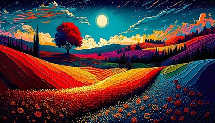 Wall Mural - Vibrant colorful landscape trees field painting wallpaper background created with generative AI technology