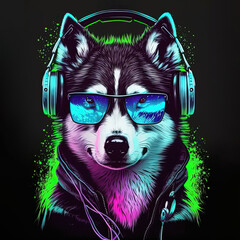 Wall Mural - Neon party Husky dog in headphones on black background. Generative AI