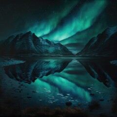 Wall Mural - landscape with mountains sky full of stars, aurora borealis  ,northern light reflection on water, generative ai, midnight exposure illustration