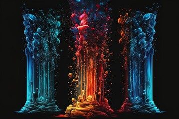 Wall Mural - Splashing towers of color on a black backdrop. Generative AI