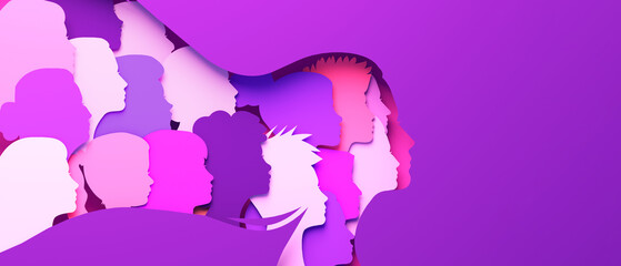 women's day banner with silhouettes of multi ethic women's faces in paper cut and copy space, 3d ill