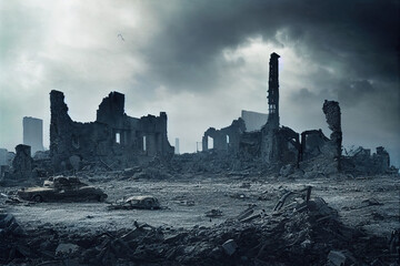 Wall Mural - Ruins of a city totally destroyed during the Third Nuclear World War, foggy sky background.