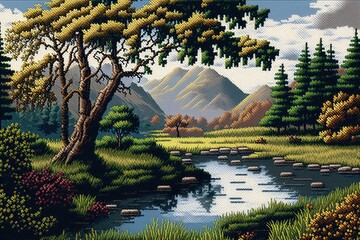 landscape Cross Stitch Style - generative ai