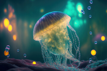 Underwater scene of jellyfish floating in sun rays below surface of the ocean . Sublime Generative AI image .