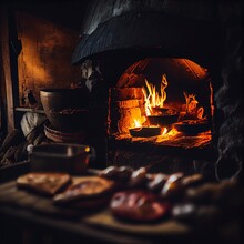 Old Traditional Brick Wood Fire Pizza Oven, Dark Environment Red Oven Fire, Generative Ai, Middle Age Times Cooking Baking