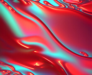 Wall Mural - red and cyan iridescent liquid rippled surface created with generative ai