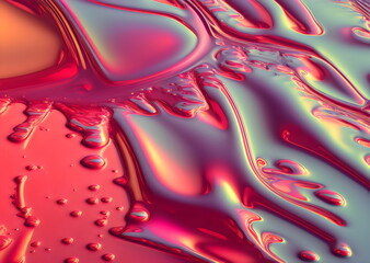 Wall Mural - red and cyan iridescent liquid rippled surface with bubbles created with generative ai