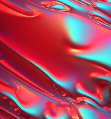 Wall Mural - red and cyan iridescent liquid rippled surface created with generative ai