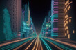© InfiniteFlow - Abstract highway path through digital smart city graphic design. Peculiar AI generative image.