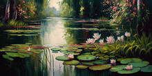 Lilly Pad Toad Stools Pond Lake Pink White Flowers Trees Misty Morning, Generative Ai