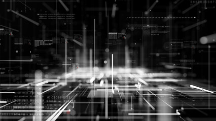 Technology Digital Data Black and White Abstract Background, Technology Digital Cyberspace with Particles and Digital Data Network Connections, 3D Rendering