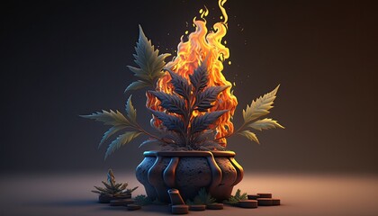 Wall Mural - Marijuana Cannabis on Fire Character Cartoon Style Generative AI.