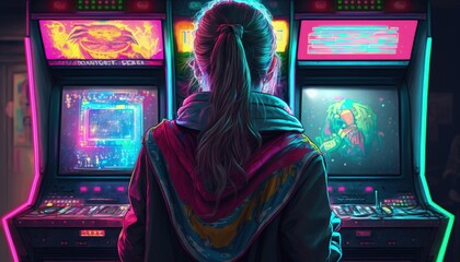 Wall Mural - Girl playing arcade machine with neon lights, Back view of girl playing arcade machine Generative AI