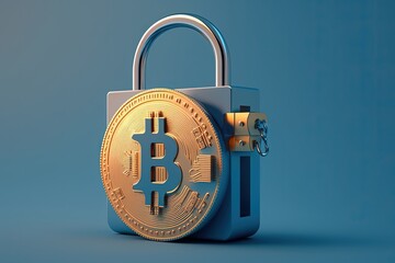 Bitcoin padlock, bitcoin security concept, blue background, Generative AI
