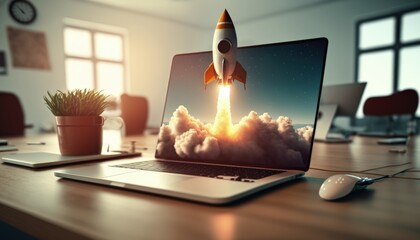 Wall Mural - rocket taking off from laptop screen on top of office desk, successful startup concept, generative a