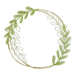 watercolor circle shape greenery wreath with green leaf and foliage frame, Botanical painting, png clipart