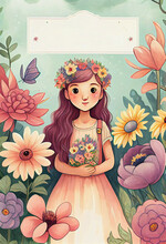 Young Woman Girl Holding Flowers In A Flower Garden Storybook Style With Title Plaque, Generative Ai