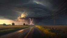 Supercell Storm Cloud Lightning Weather Severe Road, Countryside, Generative Ai