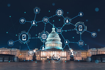 Front view, Capitol dome building at night, Washington DC, USA. Illuminated Home of Congress and Capitol Hill. Social media hologram. Concept of networking and establishing new people connections