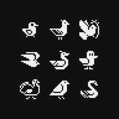 Poster - bird character pixel art icons set, mosaic design, sparrow, dove, turkey, swan and gull isolated vec