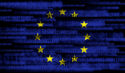 Flag of European Union on binary code. Modern technology concept
