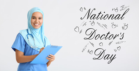 Sticker - Muslim African-American nurse on light background. National Doctors Day