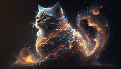Wall Mural - Illustration portrait of a cat with a colorful nebula with Generative AI Technology.