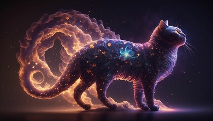 Wall Mural - Illustration portrait of a cat with a colorful nebula with Generative AI Technology.
