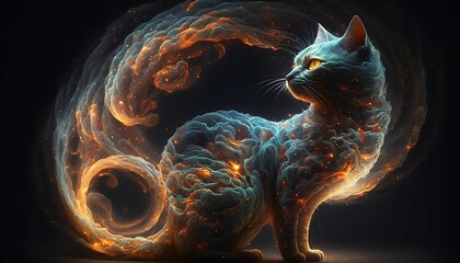 Wall Mural - Illustration portrait of a cat with a colorful nebula with Generative AI Technology.