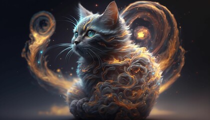 Wall Mural - Illustration portrait of a cat with a colorful nebula with Generative AI Technology.